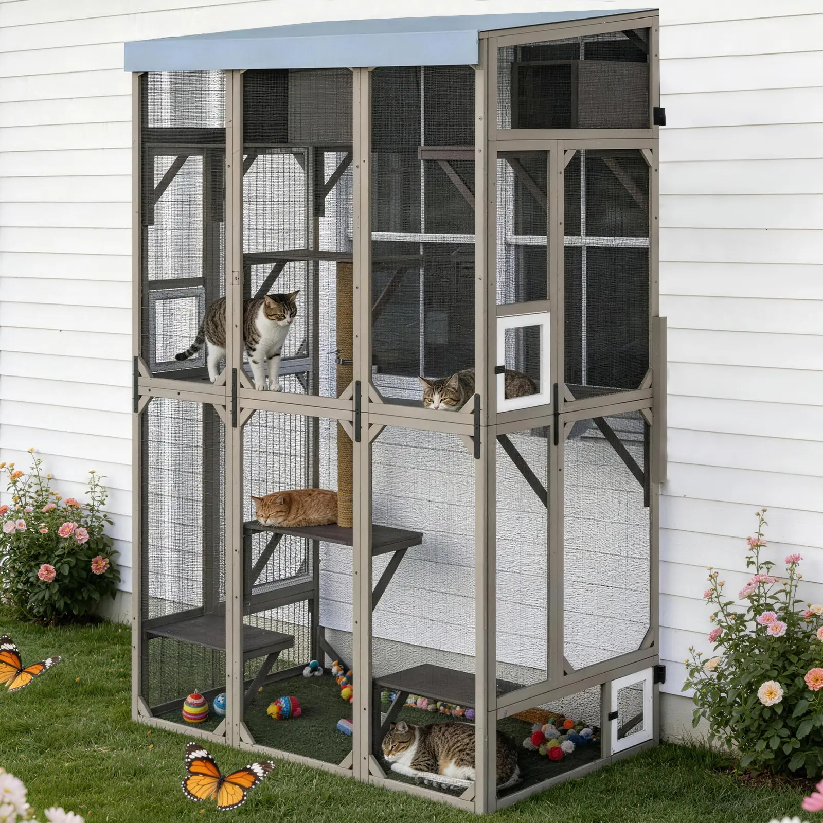 Petscosset Expandable Outdoor Wooden Cat Catio, Multi-Level Climbing Layout, Adjustable Removable Roof, Anti-Mosquito Fine Mesh, Reinforced Triangular Support Frame, Lockable Access Doors, Window Compatible Design, All-Season Garden Balcony Cat Enclosure