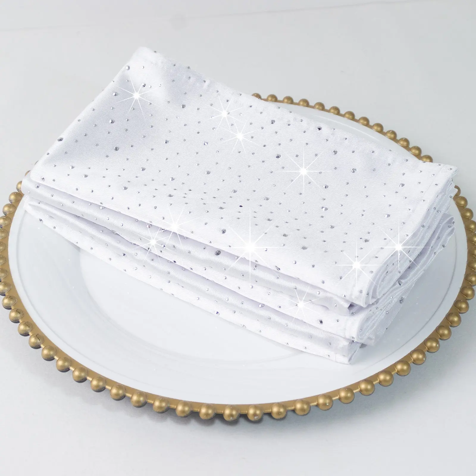 5-Pack Scuba Polyester Napkins with Rhinestone Accents – White 20"x20" Wrinkle-Free Reusable Cloth Napkins