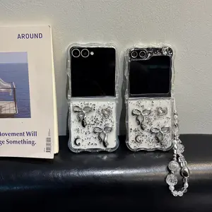 Luxury Heart Bow Design Flip Folding Phone Case for Samsung Zflip3/4/5/6/7, Full Protection Cover, Stylish and Durable Mobile Accessory