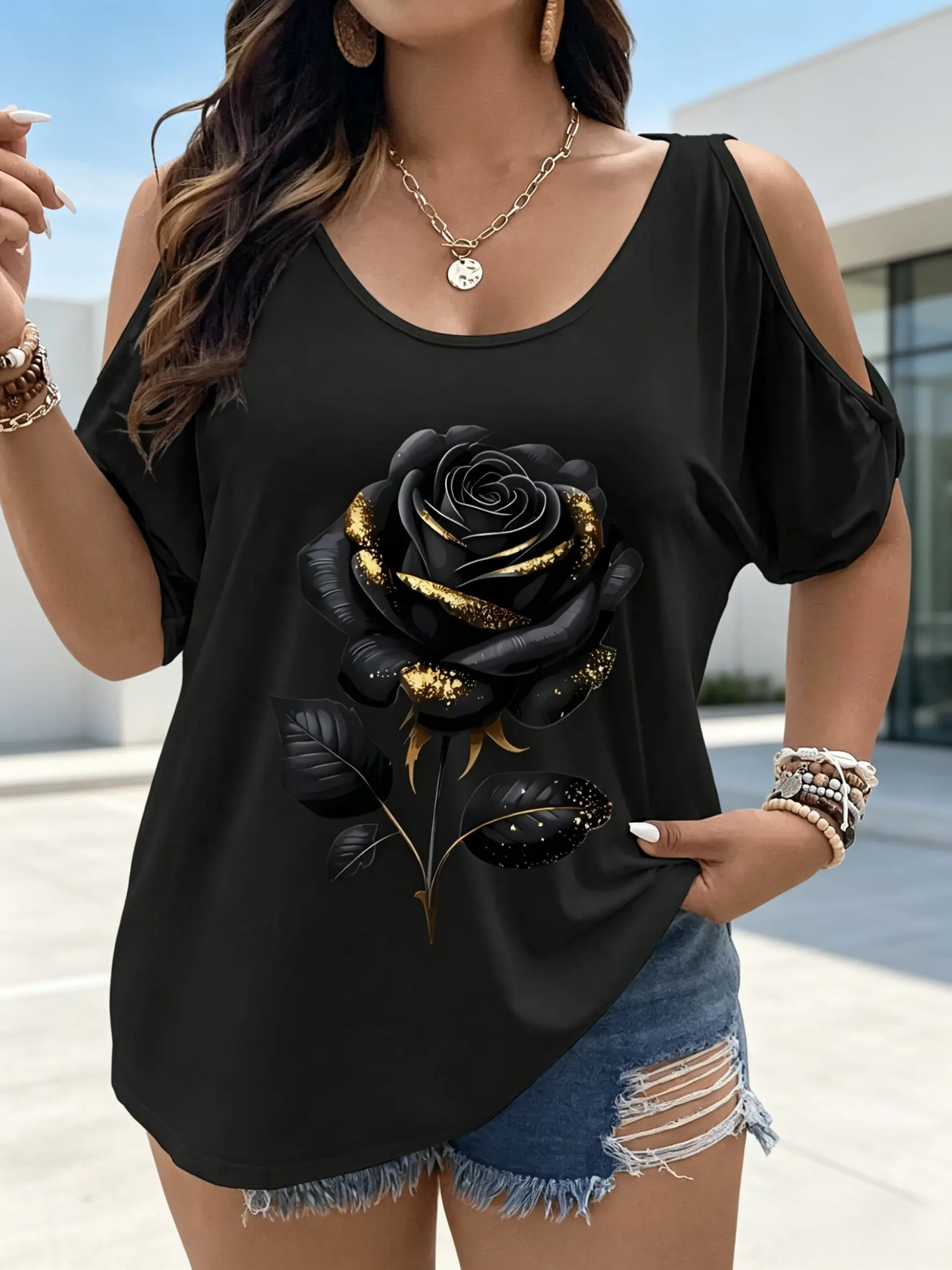 Plus Size - Chic And Cozy, This Oversized Black Rose Floral Top for Women Features an Irregular Cut And Cold Shoulder Design. It'S a Stylish Casual Retro Piece, Perfect As a Thoughtful Gift for a Friend. Ideal for Everyday Wear shirts tshirt