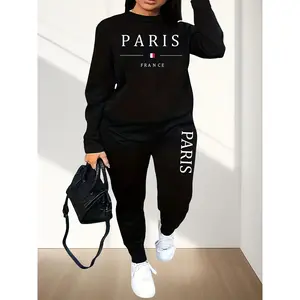 Casual Alphabet Print Sweatsuit Set - Crew Neck Long Sleeve Jogger And Sweatshirt For Hiking & Outdoor - Women'S Paris Letter Print Sweatshirt And Pants Set, Casual Sports Outfit, Round Neck Hoodie + Pants Women'S Sportswear, Women'S Casual Tracksuit