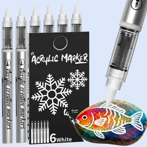 White  Pen, 6 Pack White  Markers with Brush Tip, Automatic Ink Flow, Opaque White  Markers for Rock Painting, Black Paper, , Glass, Plastic, Ceramic, Fabric