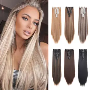 12Pcs Clip-In Straight Synthetic Hair Extensions Brown Natural Soft and Seamlessly Blending Long Hairpieces Increase Volume and Length for Women
