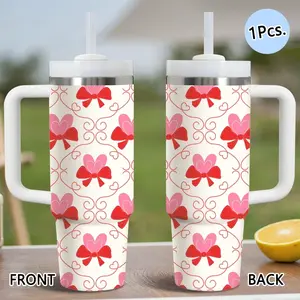 PIKPAKA Red Bow Pattern Vacuum Flasks 40oz Stainless Steel Insulated Tumbler with Handle & Straw, Leakproof Travel Mug, 12H Cold Retention, Christmas & Holiday Gift Idea for Friends, Family & Coworkers