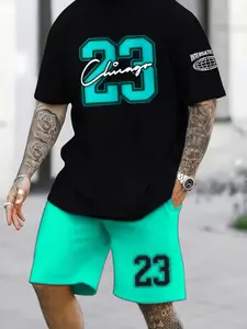 Men's 3D Full Print Street Sport Set 2 Piece, Quick-Dry Moisture-Wicking Summer Short Sleeve Tee & Matching Shorts, Gym Beach Daily Wear