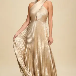 Women's Gold Pleated Criss-Cross Maxi Dress - Elegant & Versatile Design for Casual & Formal Events