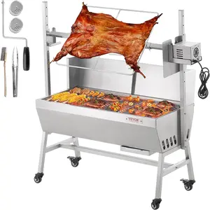 VEVOR Rotisserie Grill with Windscreen, BBQ Whole Pig Lamb Goat Charcoal Spit Grill, 35 Inch 90 Lbs Capacity, Electric 42W Motor Stainless Steel Roaster with Lockable Wheels, for Camping Outdoor