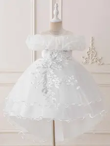 Flower Girl Embroidery Sequin Decor Tulle Formal Dress, Elegant A-line Tutu Dress for Party Wedding Guest, Kids Clothes for All Seasons, Floral Embroidery Dress, Embroidered Tulle Dress