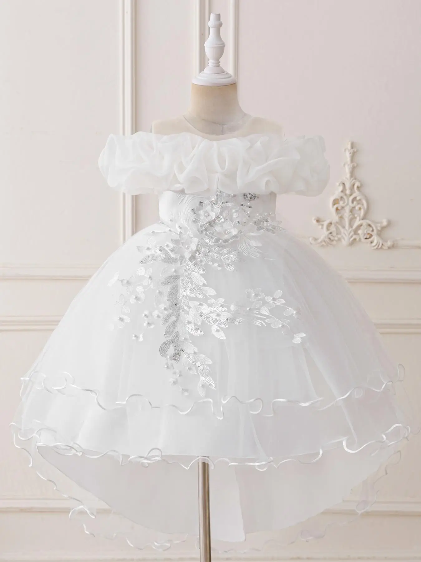 Flower Girl Embroidery Sequin Decor Tulle Formal Dress, Elegant A-line Tutu Dress for Party Wedding Guest, Kids Clothes for All Seasons, Floral Embroi