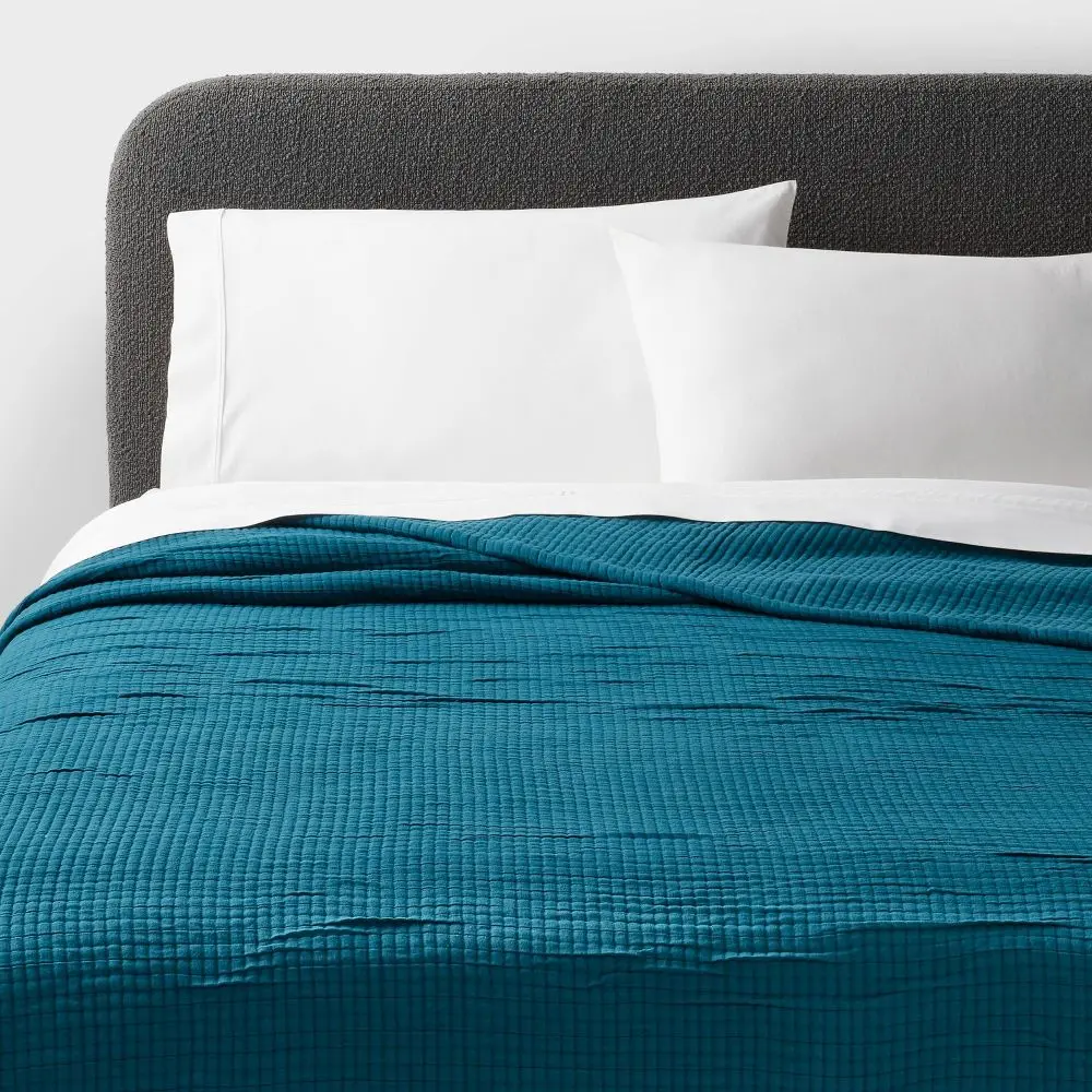 King Double Cloth Quilt Dark Teal Blue - Threshold: Jacquard Weave Midweight OEKO-TEX Certified