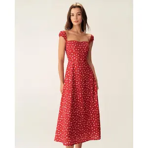 Red Floral Sweetheart Neck Cap Sleeve Midi Dress