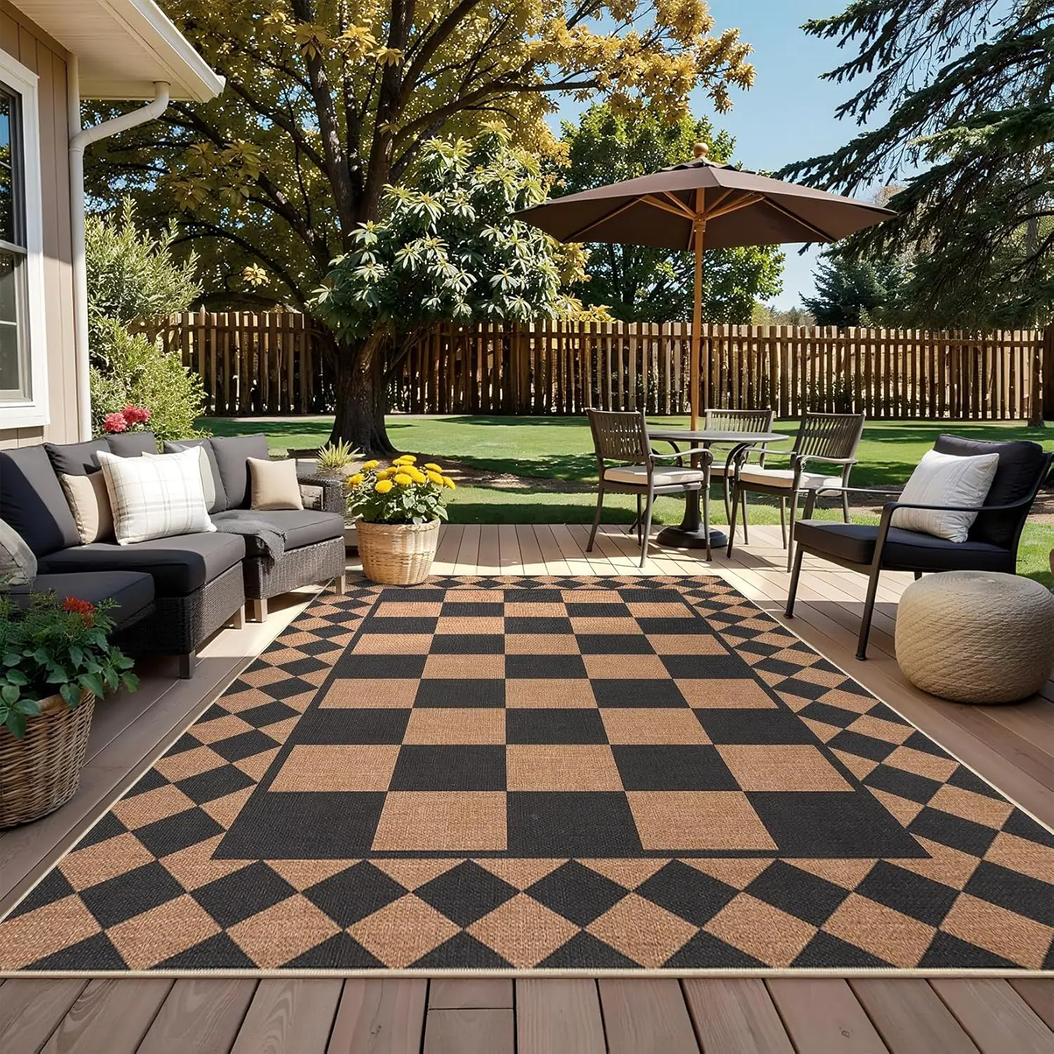 8x10 Polyester Geometric Checkered Jute Outdoor Rug, Washable Non-Slip Backing Stain-Resistant Foldable Bordered Rug, Easy to Store for Living Room, Backyard, Patio (Black Brown)