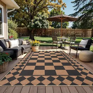 8x10 Checkered Easy Jute Outdoor Rug, Washable Living Room Area Rugs with Non Slip Backing, Stain Resistant Foldable Bordered Carpet for Bedroom, Dining Room, Backyard, Patio, Black Brown