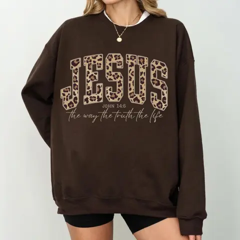 Christian Jesus Sweatshirt, Cheetah Print Bible Verse Sweatshirt, Trendy Faith Apparel Gift, Jesus Loves You, The Way The Truth The Life