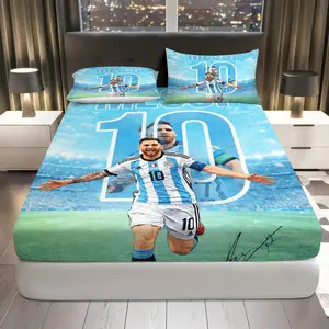 3Pcs Soccer Player Celebration Fitted Sheet Three Piece Set (1*Fitted Sheet+2*Pillowcases, Coreless), Sports theme, Football Design Bedding Set, Mattress protector Soft, Breathable