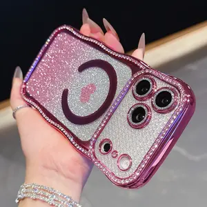 Electroplated Wave Magnetic Phone Case Casing with Heart Glitter Paper and Lens Film, Wireless Charging Support, Fashion Protective Cover for iPhone 13/14/15/16/17 pro/pro max/plus