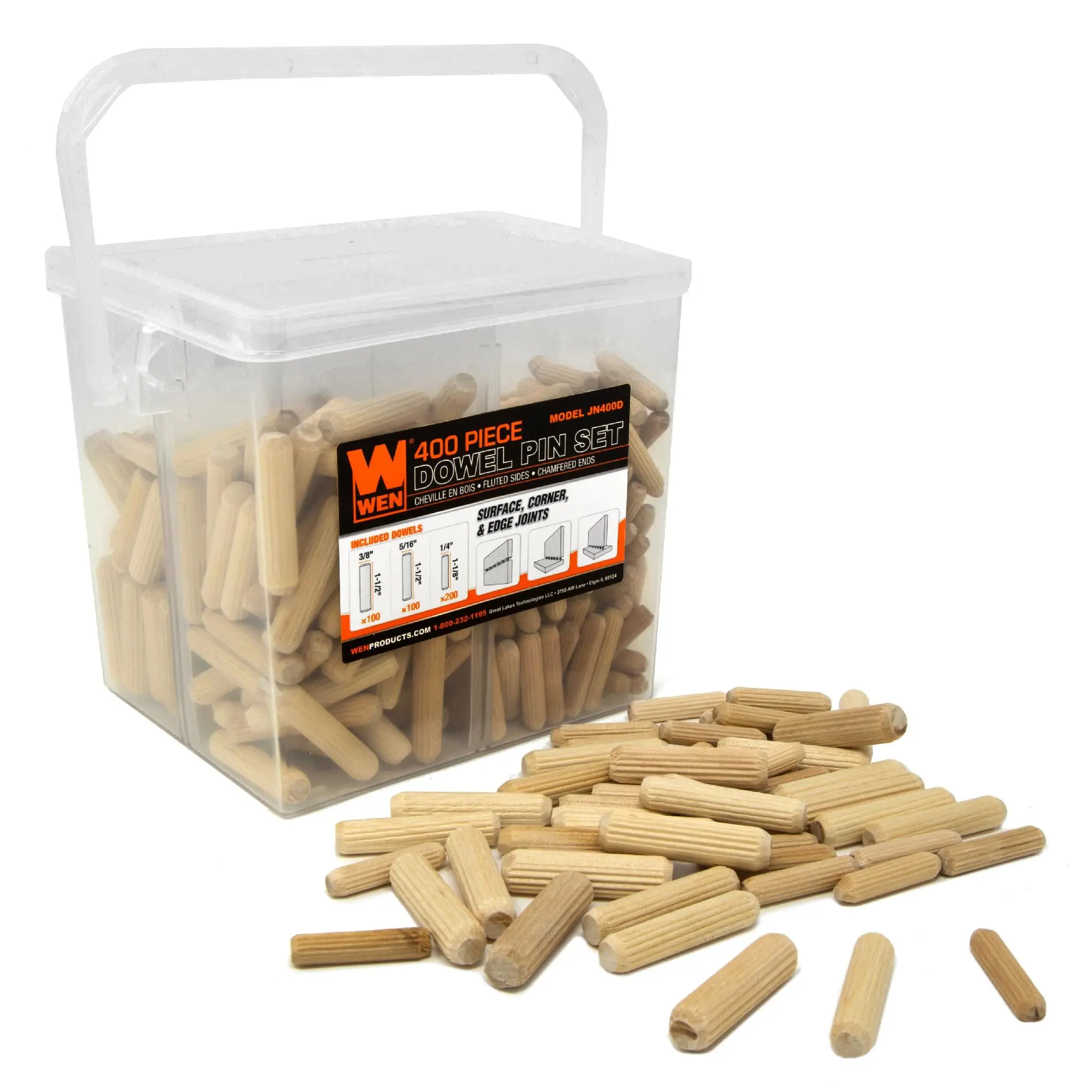WEN JN400D 400-Piece Fluted Dowel Pin Set, Bucket with Chamfered Ends, 1/4 by 1-1/8 in, 5/16 in, 3/8 by 1-1/2 in Woodworking Dowels for Hardware Fastening, 100 Pieces