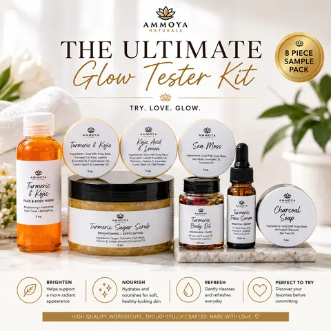Ammoya Naturals Gentle Hydrating Adult Body Care Kit - Daily Exfoliate Charcoal Kojic Soap, Sugar Scrub, Turmeric Powder, Lemon Brightening Serum, Lightweight Nourishing Moisturizing Pouch for Discoloration, Body Wash