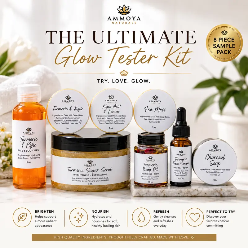 Ammoya Naturals Gentle Hydrating Adult Body Care Kit - Daily Exfoliate Charcoal Kojic Soap, Sugar Scrub, Turmeric Powder, Lemon Brightening Serum, Lightweight Nourishing Moisturizing Pouch for Discoloration, Body Wash