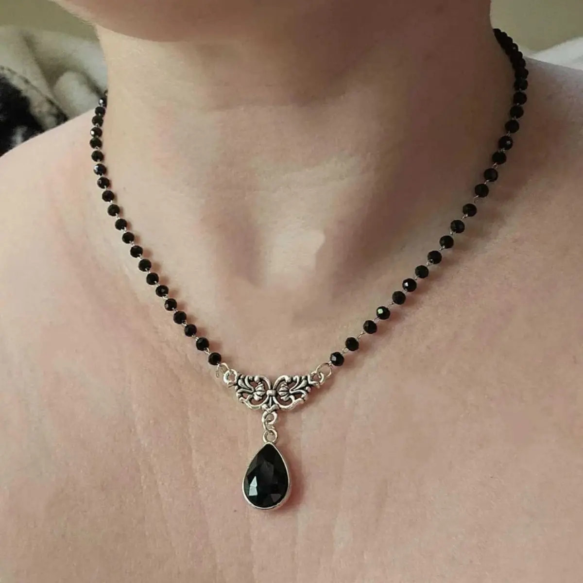 Women's Gothic Vintage Victorian Engraved Black Droplet Bead Choker Necklace - Mysterious Pagan Witch Accessory, Stylish Fashion Costume Jewelry Accessories, Stylish Accessories
