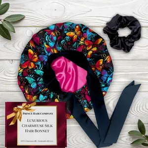 Prince Hair Company Luxurious Charmeuse Silk Satin Sleep Bonnet & Scrunchie Set Adjustable Stretch Tie Handmade in USA Heatless Haircare Lightweight Gentle Fit Gift Wrapped Machine Washable