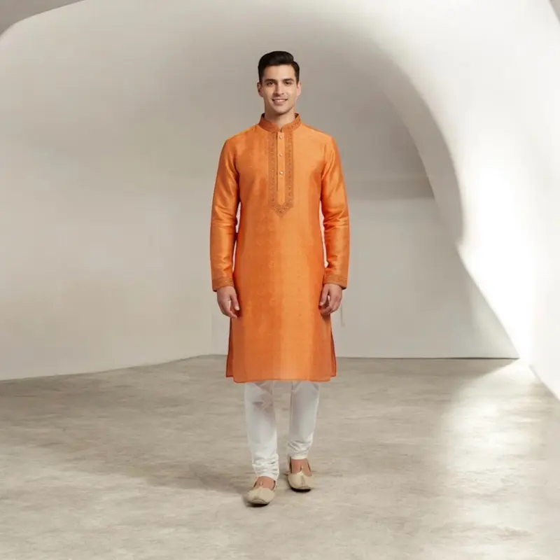 Mens Silk Kurta Set - Soft Material, Patterned Design, Includes Pajama White,  - Menswear Asian