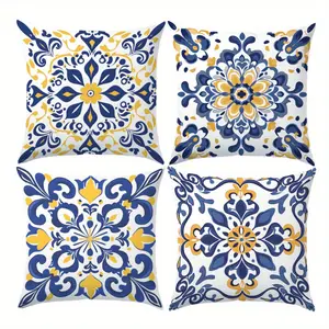 4pcs, Blue Green Yellow Bohemian Italian Tile Pattern Printed Pillow Covers Set (17.71in*17.71in/45cm*45cm) Home Decor Comfort Cushion Cover for Living Room Sofa, Without Pillow Inserts