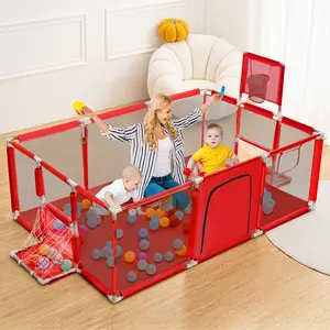 CAVEEN Baby Playpen 71.6x47.96x25.2 Inch, Safe Play Space with Basketball Hoop, Play Pens for Babies and Toddlers Baby Fence Play Yards for Indoor & Outdoor with Breathable Mesh Anti-Fall Playpen, - Easy Storage Toddler Fence for Activity & Nap, Red
