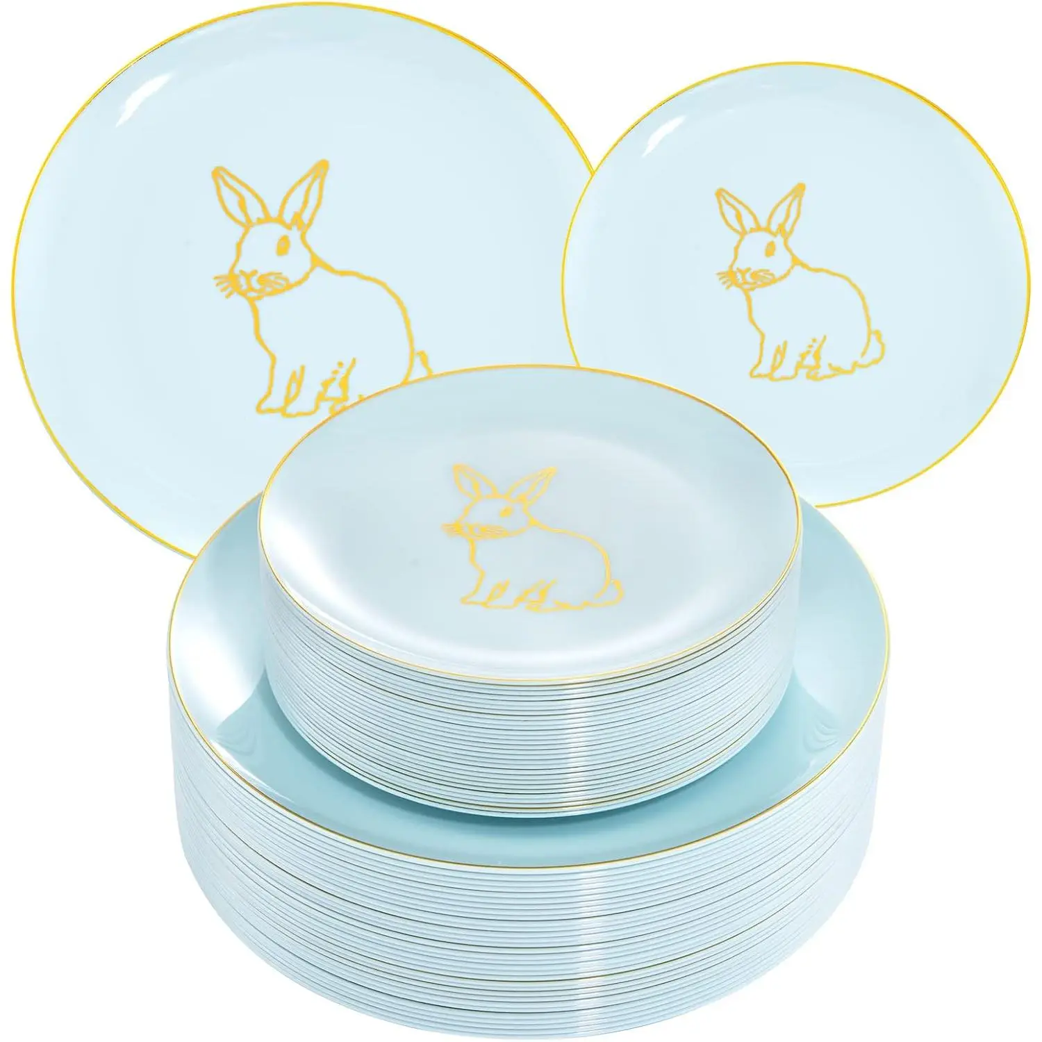 60 count Easter plates with Gold Bunny-Mint Green Plastic Plates include 30 count 10.25inch Dinner Bunny and 30 count 7.5inch Green Dessert/Salad Plates for Easter Day