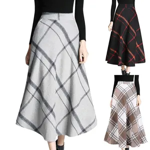 Kingapril Women's Winter Cozy Wool Elastic Waist A-Line Pleated Long Style Plaid Skirt