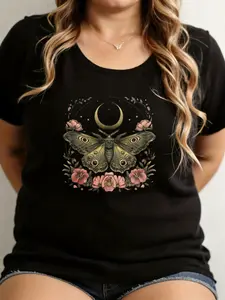 Women's Round Neck Shortsleeve Comfortable Celestial Moth Graphic T-Shirt - Moon Floral Botanical Print, Witchy Cottagecore Everyday Summer Casual Shirt for Love of Chic Lightweight Style