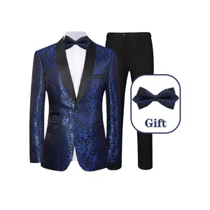3pcs Men Suit Blazer Jacket Pants Bow Jacquard Dress Suit One Button Shawl Collar For Gala Prom Banquet Various Occasions Elegant Classic Style