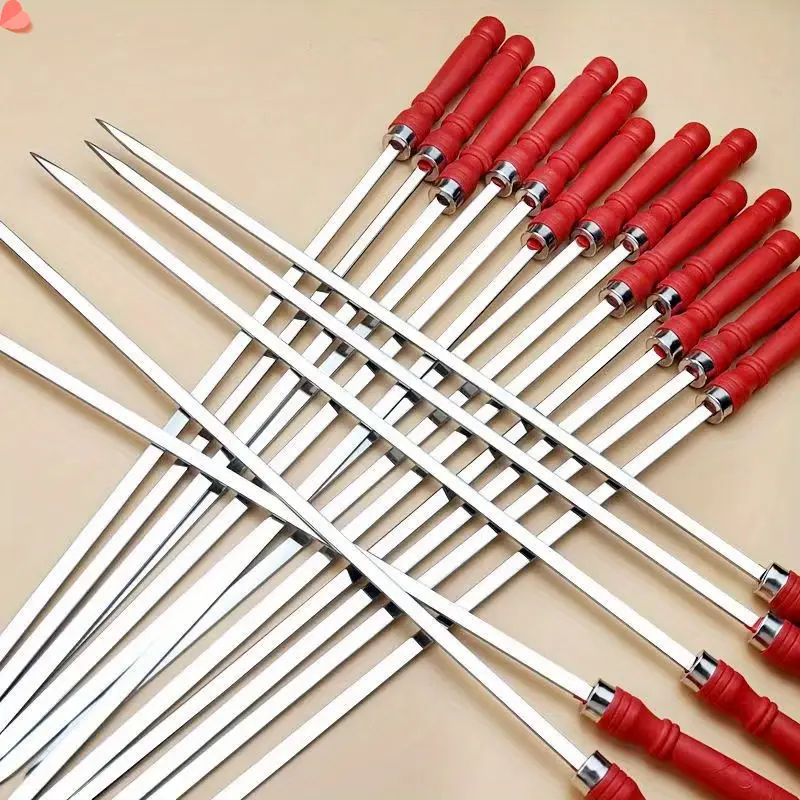 10pcs Stainless Steel Large Flat Skewers with Thickened Insulation Design, Utensils for Kitchen, Grill Barbecue Forks for Outdoor Lamb Kebab & Meat Roasting