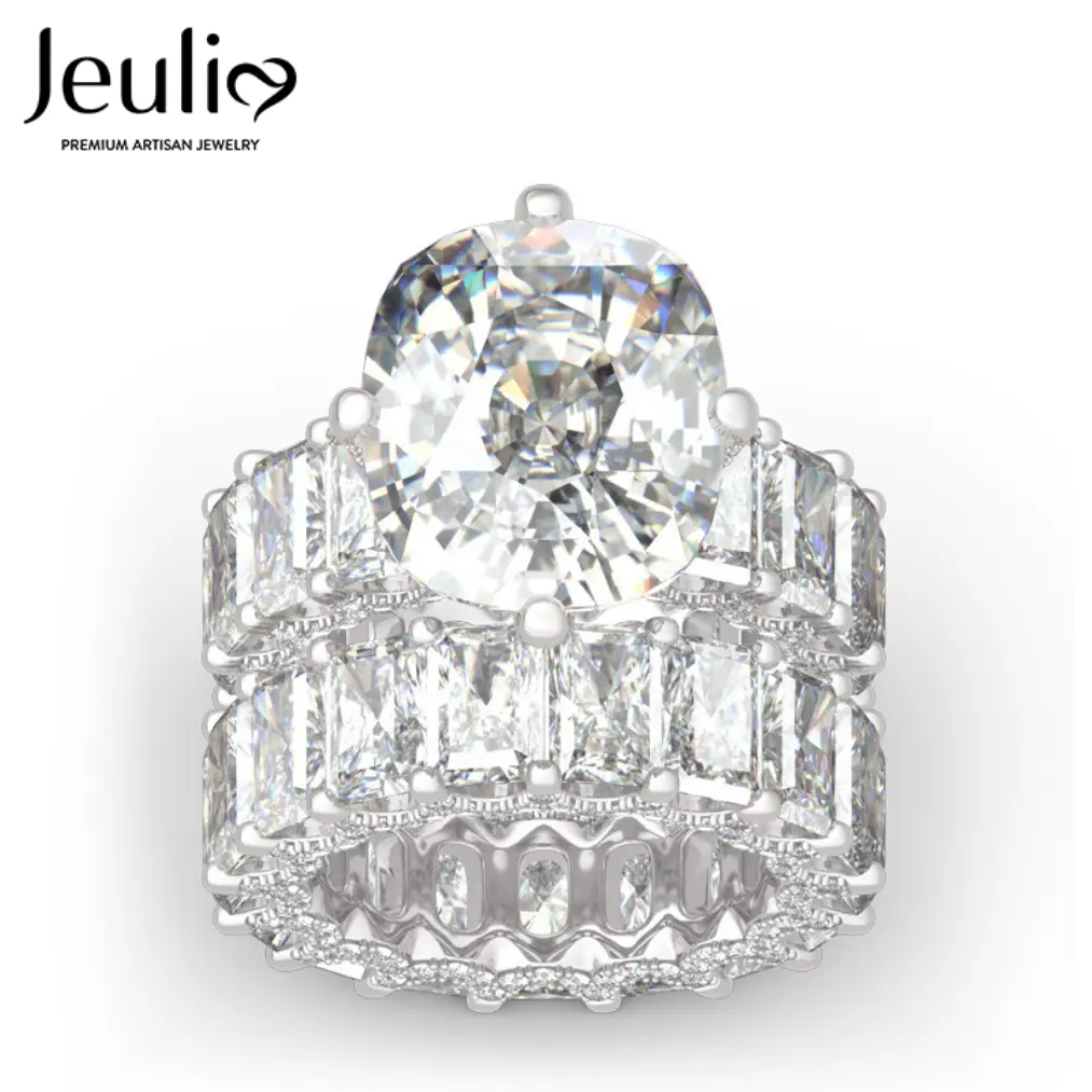 Jeulia 3-Sided Pave Cushion Cut Sterling Silver Eternity Ring Set with Cubic Zirconia, Art Deco Halo, Wedding Rings, Gift Box-Included Fine Jewelry for Engagement