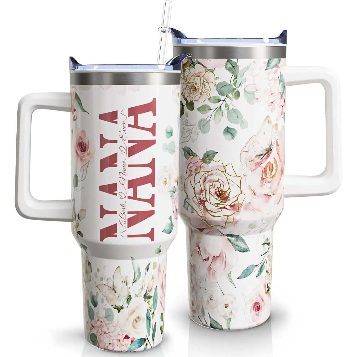 40oz Insulated Straw Tumbler Vacuum Flask - Stainless Steel Nana Grandmother Drinkware, 1000-2000ml, Portable with Handle/Straw, Coffee-Compatible, Gift from Grandson & Granddaughter