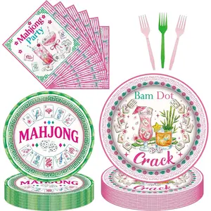 Mahjong Birthday Party Supplies - 96 Pcs Cocktail Mah Jong Table Decorations Accessories Disposable Dessert Paper Plates Napkins Forks Tableware Decor Set for Women Game Night Serves 24