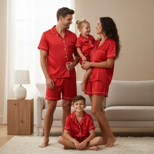 Family Matching Red Satin Pajama Set - Short-Sleeve Luxury Sleepwear with Contrast Trim, Silky Smooth Fabric for Adults & Kids, Ideal for Valentine's, Holiday Gatherings & Cozy Home Loungi