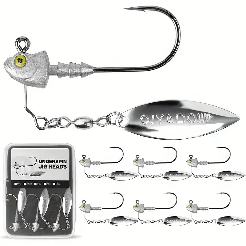 6-Pcs Underspin Jig Heads Fishing Lure Tackle - 100% Brass Never-Rust Blade, 3/16oz,1/4oz,3/8oz,1/2oz Multiple Weights - Bass Jig Lures for Saltwater Fishing, Fishing Tackle