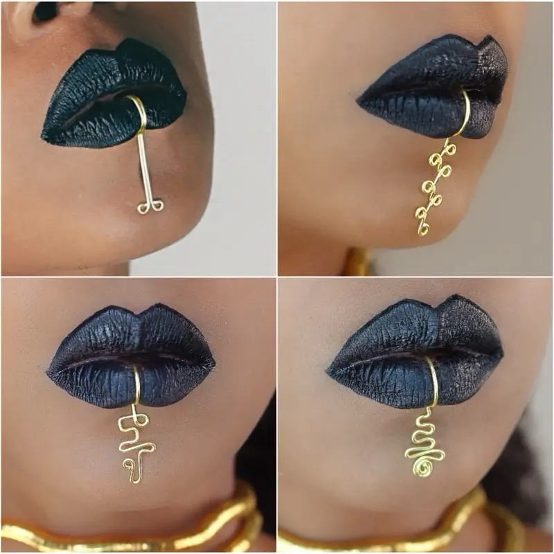 Handmade Gold Wire Lip Cuff Set – 4 Piece Faux Piercing Lip Jewelry, Alternative Fashion, Afro-Futuristic Body Jewelry