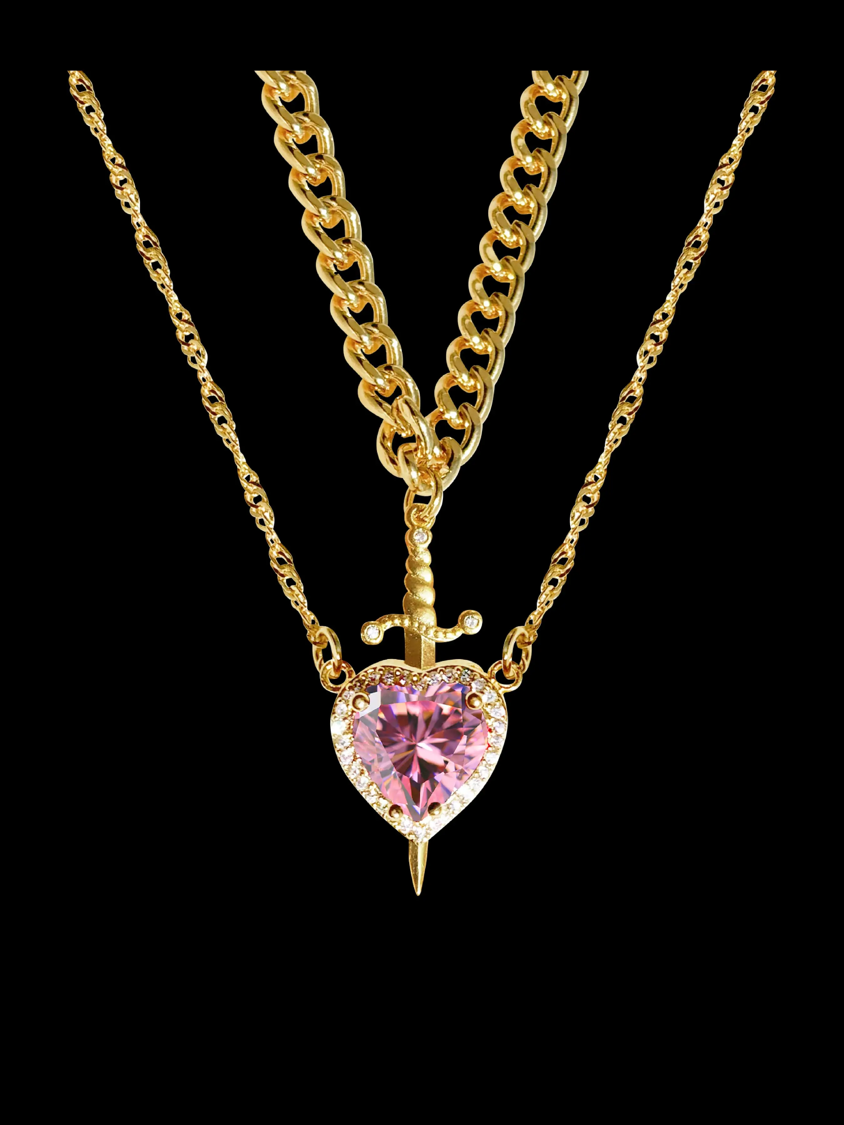 Zircon Heart Dagger Pendant Necklace Set, Casual Style Alloy Chain, Double Layer Design, Perfect Gift for Special Occasions