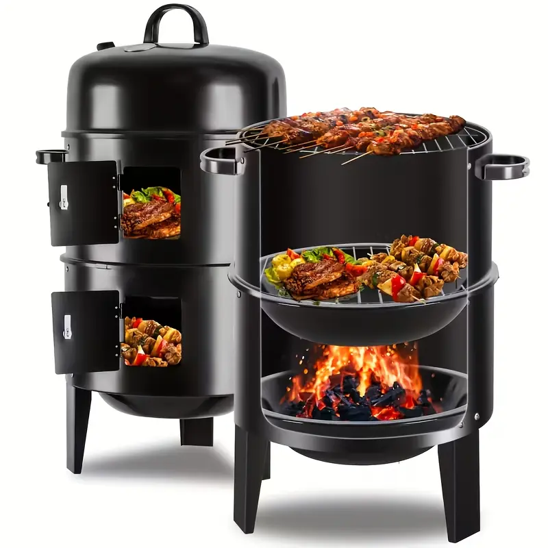 16-Inch Vertical Charcoal Grill, 3-Layer Portable Compact Design, Temperature Control 3 Cooking Modes Griddle Lid, Durable Construction, Suitable for Camping Outdoor BBQs Home Cooks, Without Battery