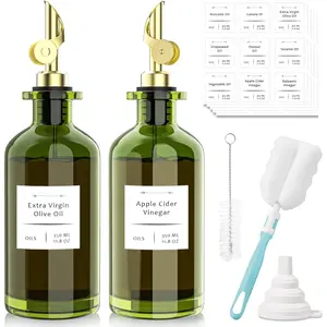 Oil Dispenser for Kitchen - 12oz/350ml, Set of 2 Extra Thick  Grade Glass Olive Oil Dispenser Bottle with Cleaning Brush, Stickers and Funnel ()