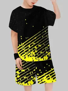 Boys' Colorblock Ink Splatter Striped 3D Printed Short Sleeve Set, Summer Cool Two-Piece, Breathable Kids Clothing