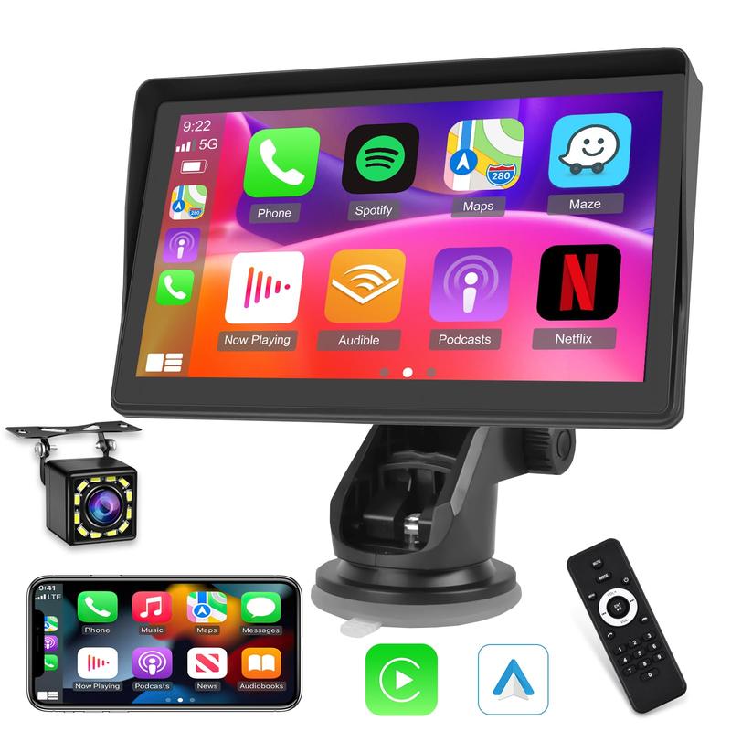 7 Inch Protable Carplay Car Screen, Wireless Android Auto Dash Mount, Car GPS Navigation System with Mirror Link/Bluetooth/FM Transmitter/USB + 12LED Backup Camera