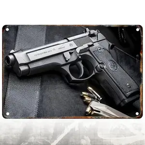 Vintage Beretta M92F Handgun Art Sign, Vintage Plaque Decor, UV Printed Canned steel sheet, Perfect for Fall Hunting Season & Gun Collection Display, Retro Weapon Theme Decor