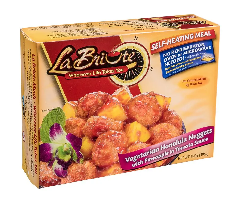 LaBriute Meals Vegetarian Honolulu Nuggets in Sauce – Self Heating Ready to Eat Entrée w/Snack |15g Protein, Low-Calorie Pre-Packaged Lunch or Dinner | Shelf Stable, Fully Cooked, No Refrigeration Needed|Glatt Kosher | 12 oz Serving
