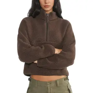 Songling Womens Fleece Sweatshirts Cropped Half Zip Fuzzy Warm Sherpa Pullover Varsity Jackets with Zipper Pockets Fit Casual Breathable Fashion   Loose Light Coats