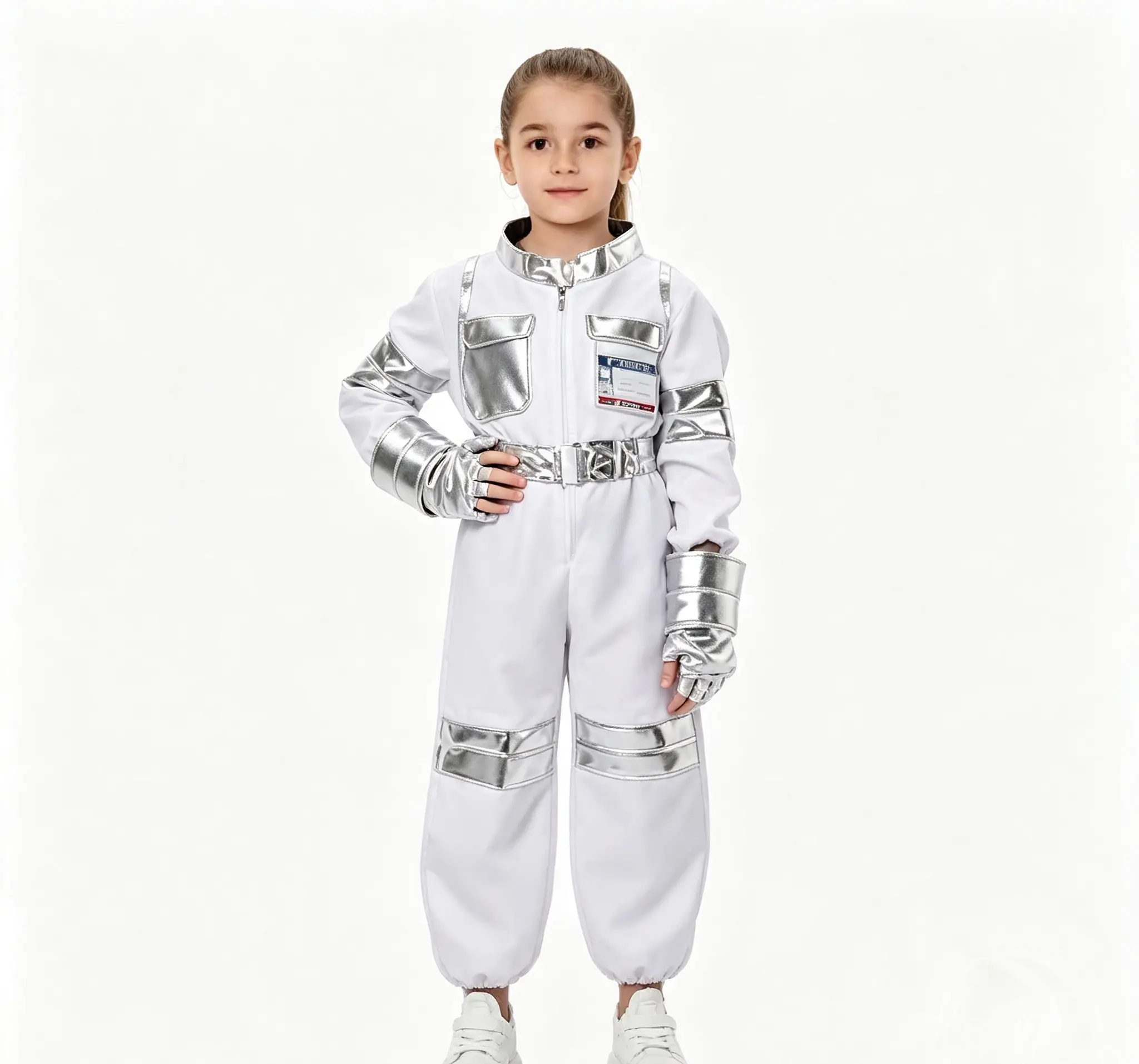 Kids Astronaut Space Costume Set, Unisex White Full Zip Space Jumpsuit with Silver Trim, Complete Outfit with Helmet Gloves Name Tag for Boys Girls Halloween Cosplay Space Theme Birthday Party School Stage Performance Dress Up