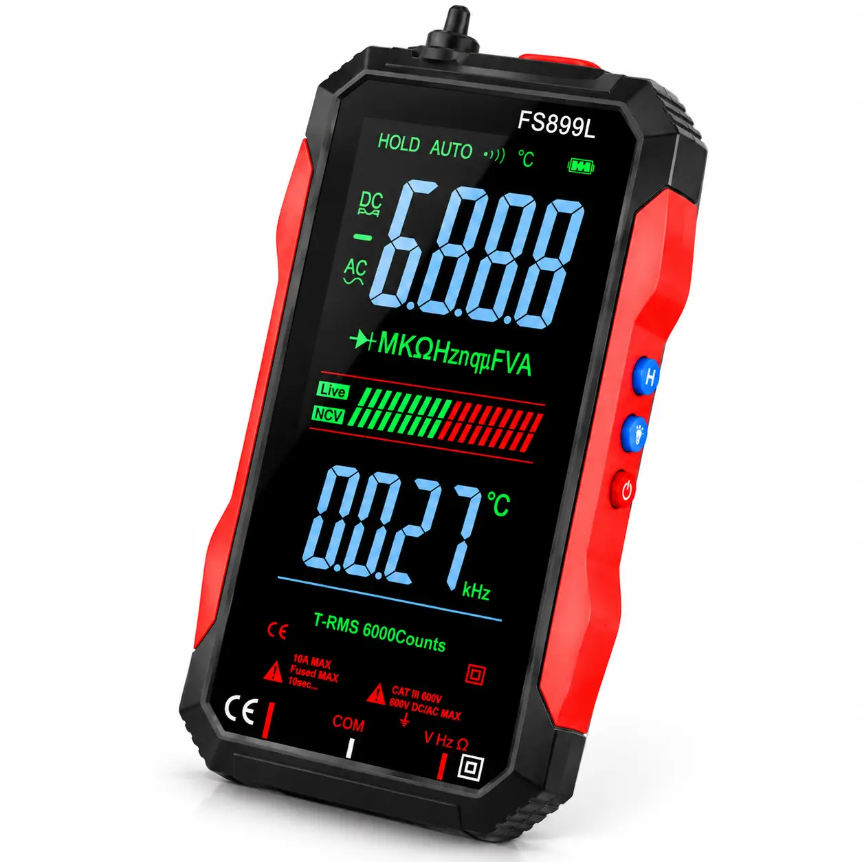 Heavy Duty Sturdy True RMS Non-Contact Digital Multimeter - 6000 Counts Auto-Ranging, NCV Detector, USB Rechargeable, Backlit Display, Compact Body for Home & Auto Repairs Tool Pouch Storage.o