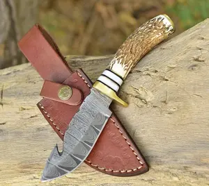Custom Handcrafted Damascus Steel Fixed Blade Skinner Knife Outdoor Knife With Sheath-Stag Antler